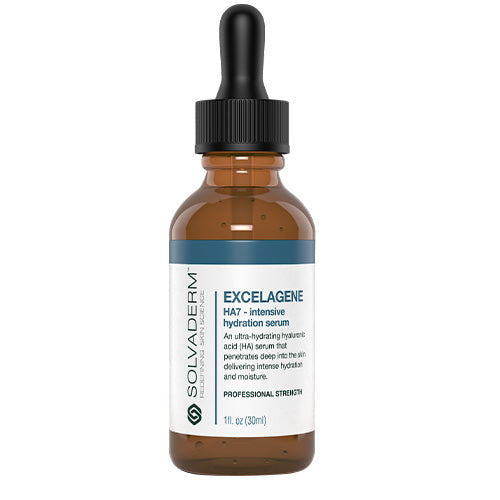 A brown glass dropper bottle labeled Excelagene HA7 - Intensive Hydration Serum is displayed against a white background.
