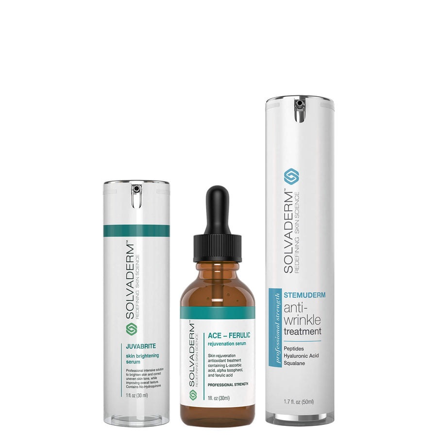 Three skincare products are displayed against a white background. The collection includes a clear serum bottle labeled Juvarbite, a brown dropper bottle labeled ACE + Ferulic, and a white tube labeled Stemuderm Anti-Wrinkle Treatment,.