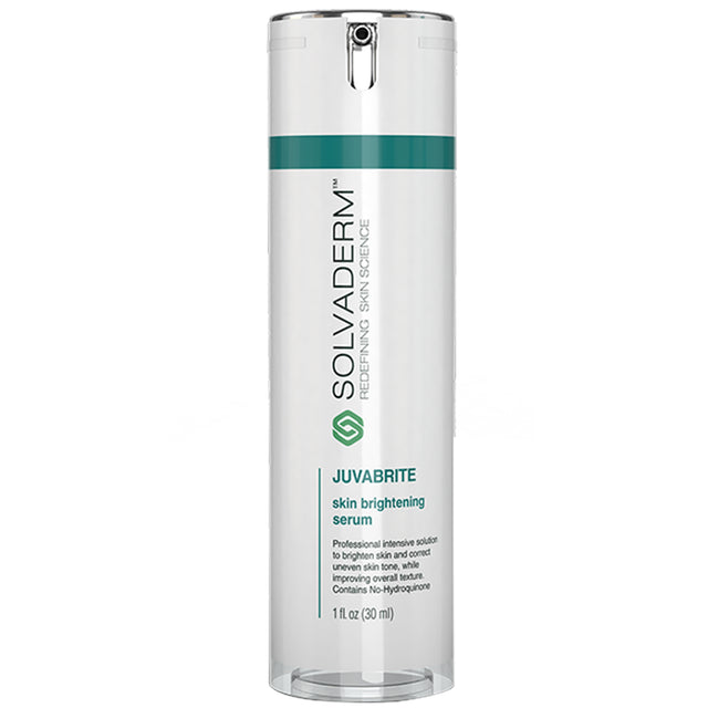 A sleek, transparent bottle of Juvabrite skin brightening serum by Solvaderm, featuring a silver pump and a green logo.