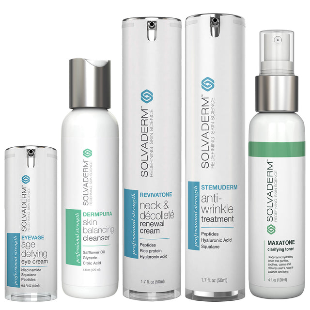 A collection of skincare products from Solvaderm is displayed, including an eye cream, cleanser, neck and décolleté cream, anti-wrinkle treatment, and a maxatone spray.