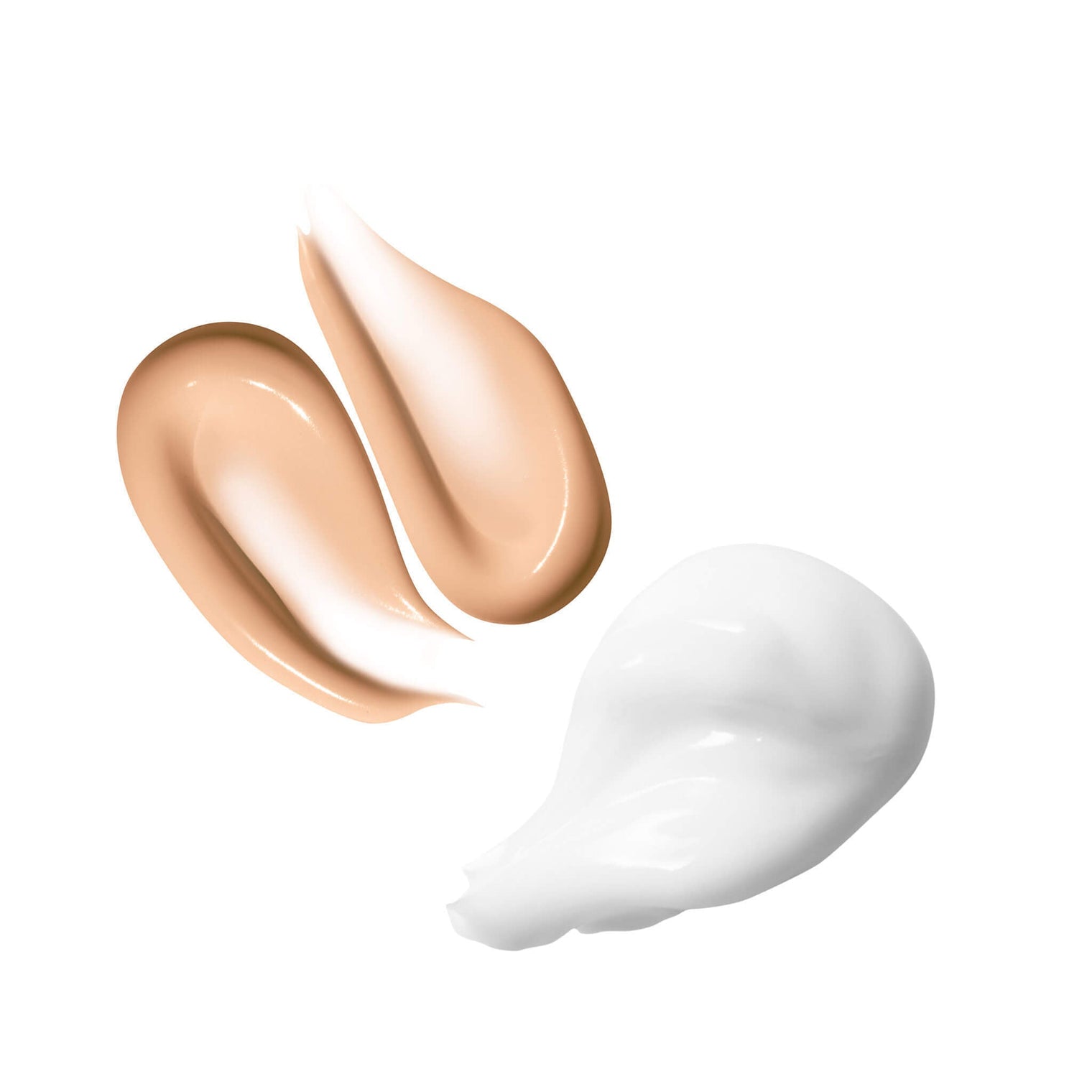 Two creamy swatches of skincare products are displayed on a white background. One swatch is a light beige tone, while the other is a smooth, white cream, suggesting a combination of hydration and coverage for daily use.