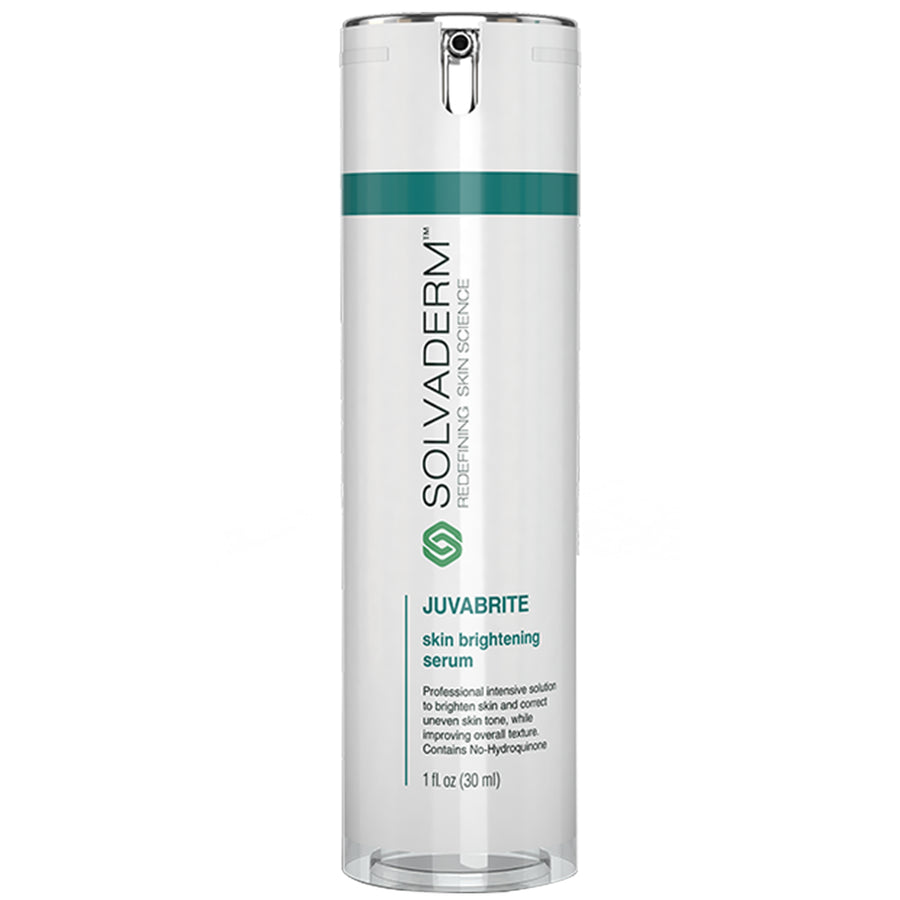 A sleek, transparent bottle of Juvabrite skin brightening serum by Solvaderm, featuring a silver pump and a green logo.