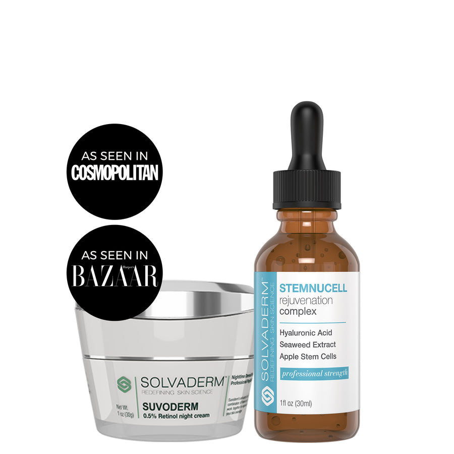 A clear image of two skincare products from Solvaderm: a jar of Suvoderm, a 0.5% retinol night cream, and a dropper bottle of Stemucell rejuvenation complex containing hyaluronic acid and apple stem cells.